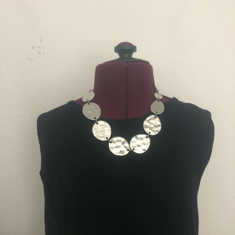 Jules B. Graduated Flat Textured Silver Disk Choker Style Necklace Adjustable